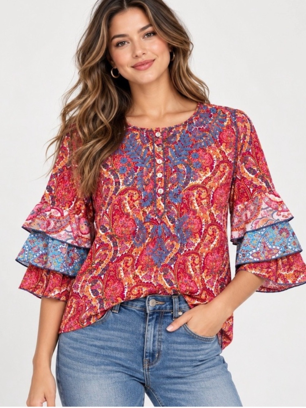 John Mark Embroidered Floral Paisley Ruffle Tiered Sleeve Sz Small